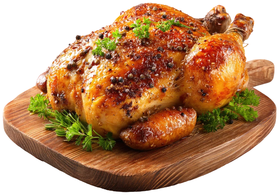 Frango assado dourado sobre tábua de madeira, da Rotisseria & Assados do Varanda Ypê